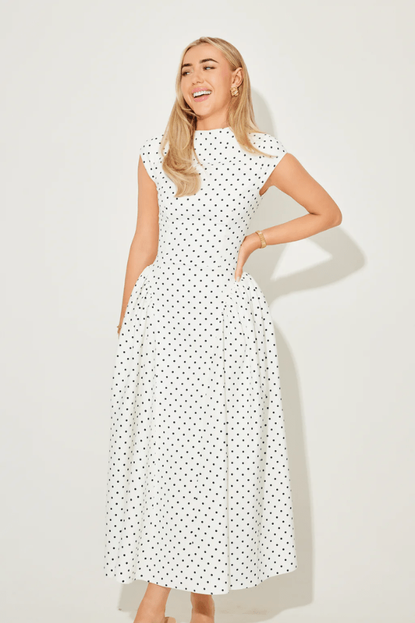 The Ultimate Muse Cap Sleeve Gathered Midi Dress Polka Dot
