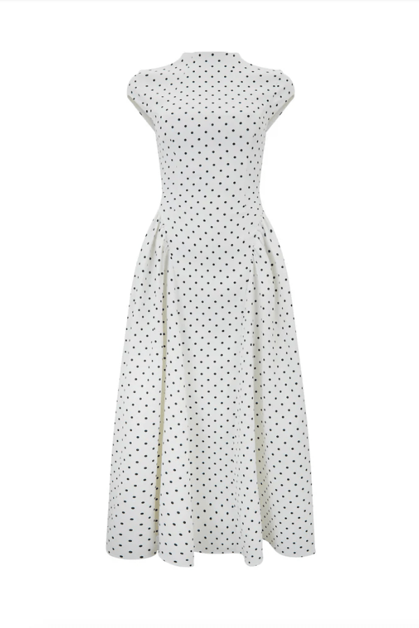 The Ultimate Muse Cap Sleeve Gathered Midi Dress Polka Dot