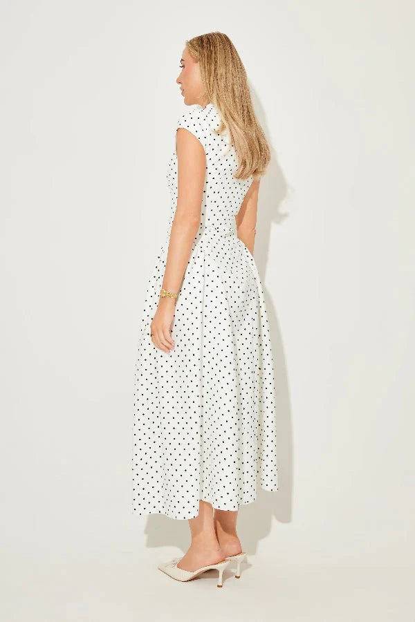 The Ultimate Muse Cap Sleeve Gathered Midi Dress Polka Dot