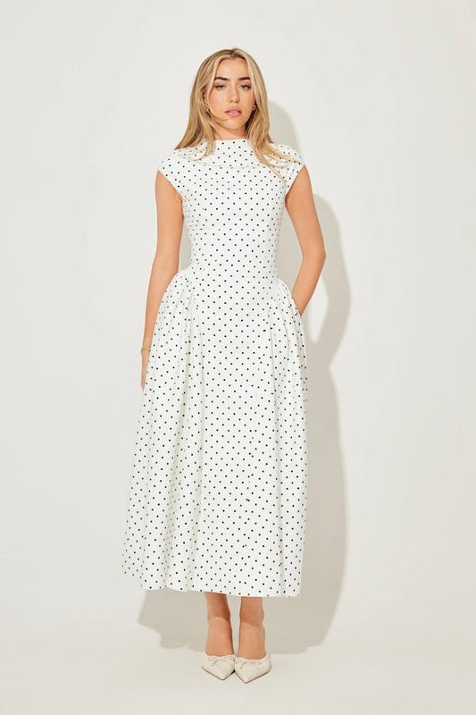 The Ultimate Muse Cap Sleeve Gathered Midi Dress Polka Dot